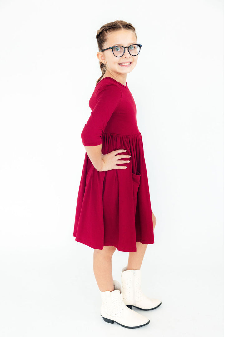 Burgundy 3/4 Sleeve Pocket Twirl Dress-Mila & Rose ®