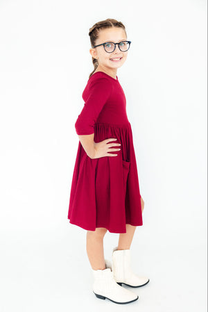 Burgundy 3/4 Sleeve Pocket Twirl Dress-Mila & Rose ®