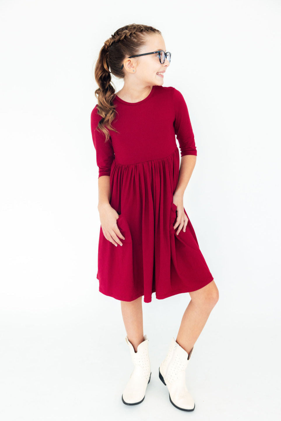 Burgundy 3/4 Sleeve Pocket Twirl Dress-Mila & Rose ®