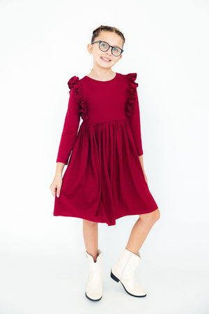Burgundy L/S Ruffle Twirl Dress-Mila & Rose ®