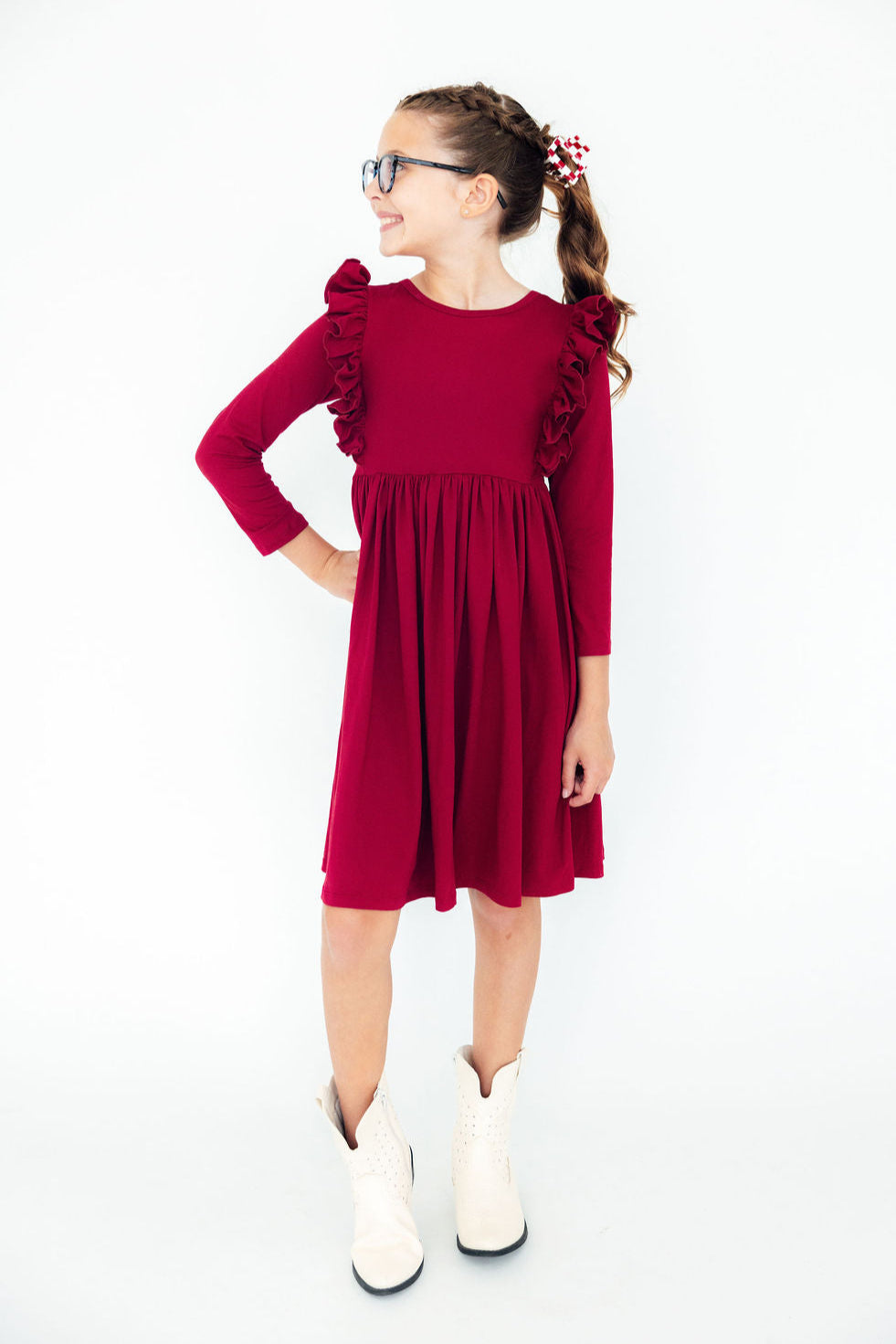 Burgundy L/S Ruffle Twirl Dress-Mila & Rose ®
