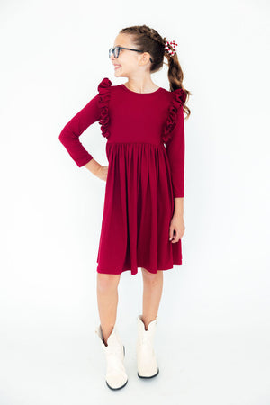 Burgundy L/S Ruffle Twirl Dress-Mila & Rose ®
