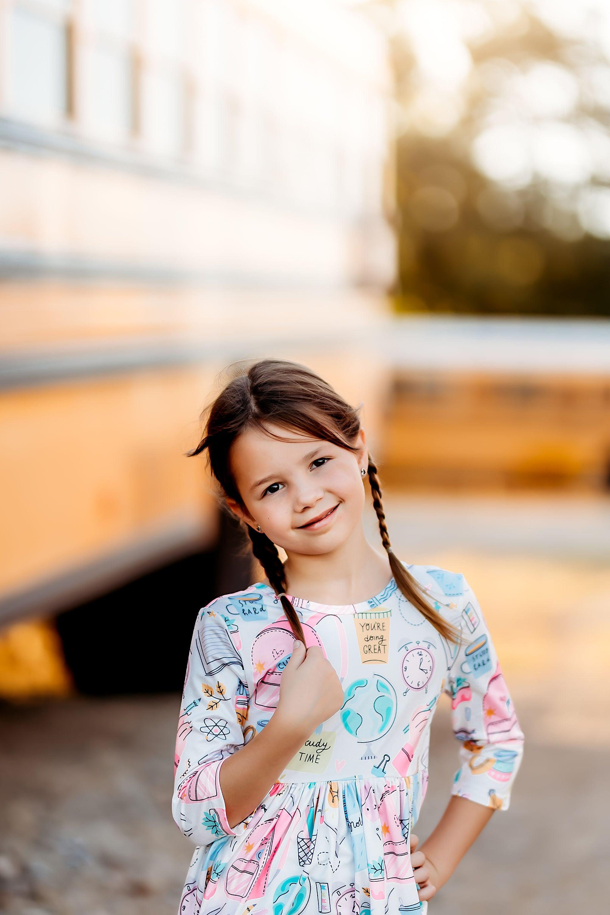 School is Cool 3/4 Sleeve Pocket Twirl Dress-Mila & Rose ®