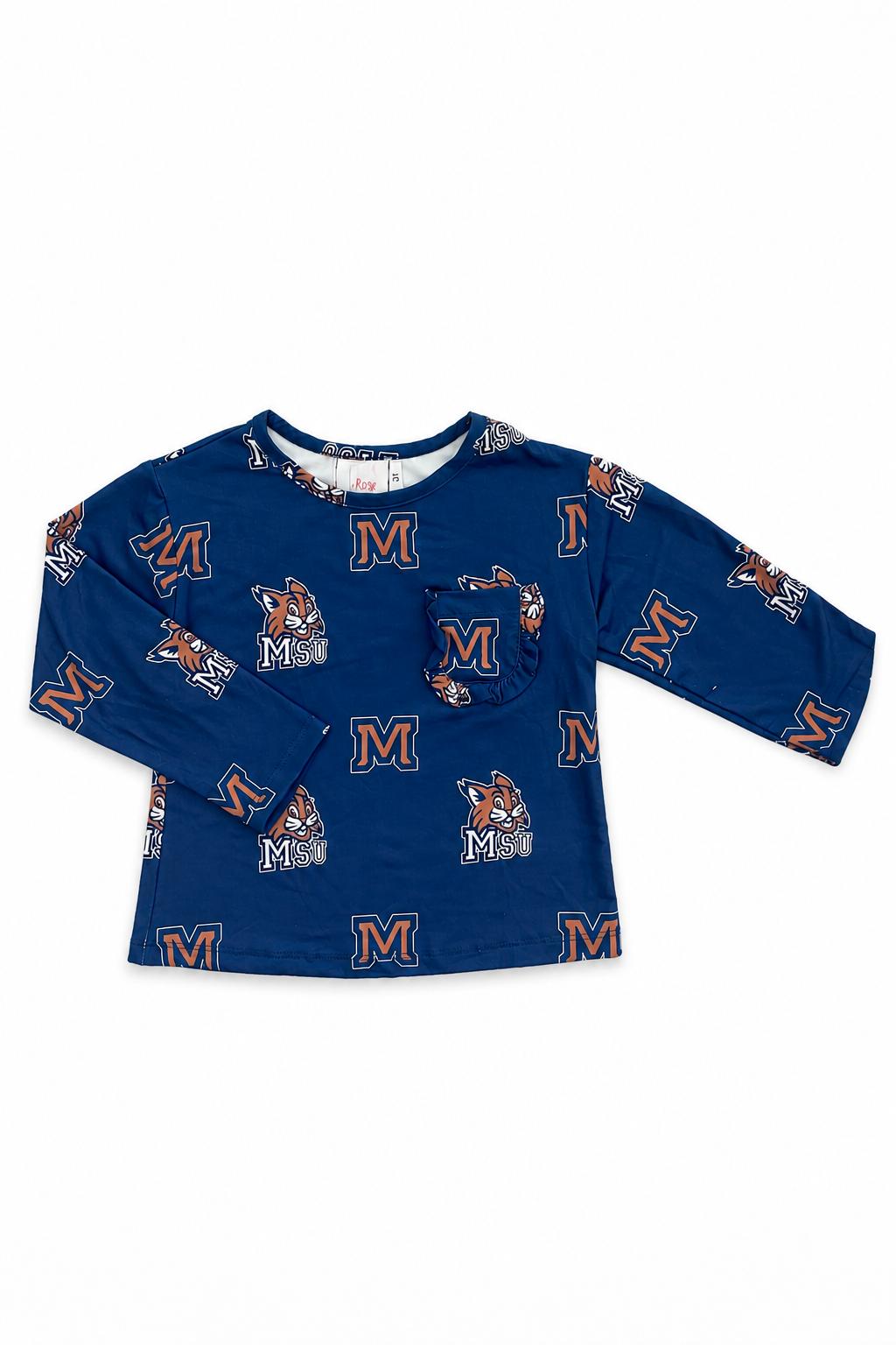 Montana State University Blue Bobcat L/S Ruffle Pocket Tee-Mila & Rose ®