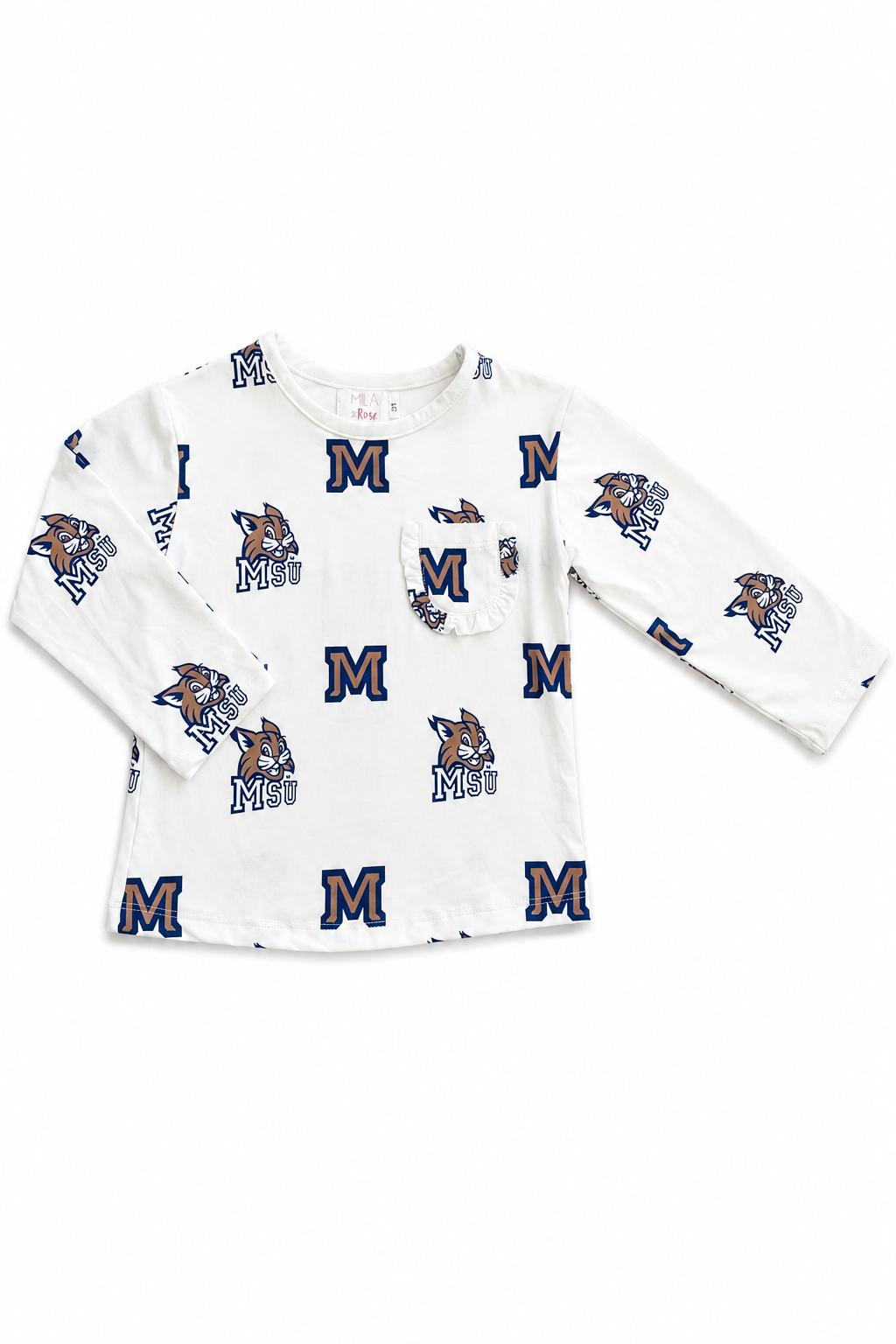 Montana State University White Bobcat L/S Ruffle Pocket Tee-Mila & Rose ®