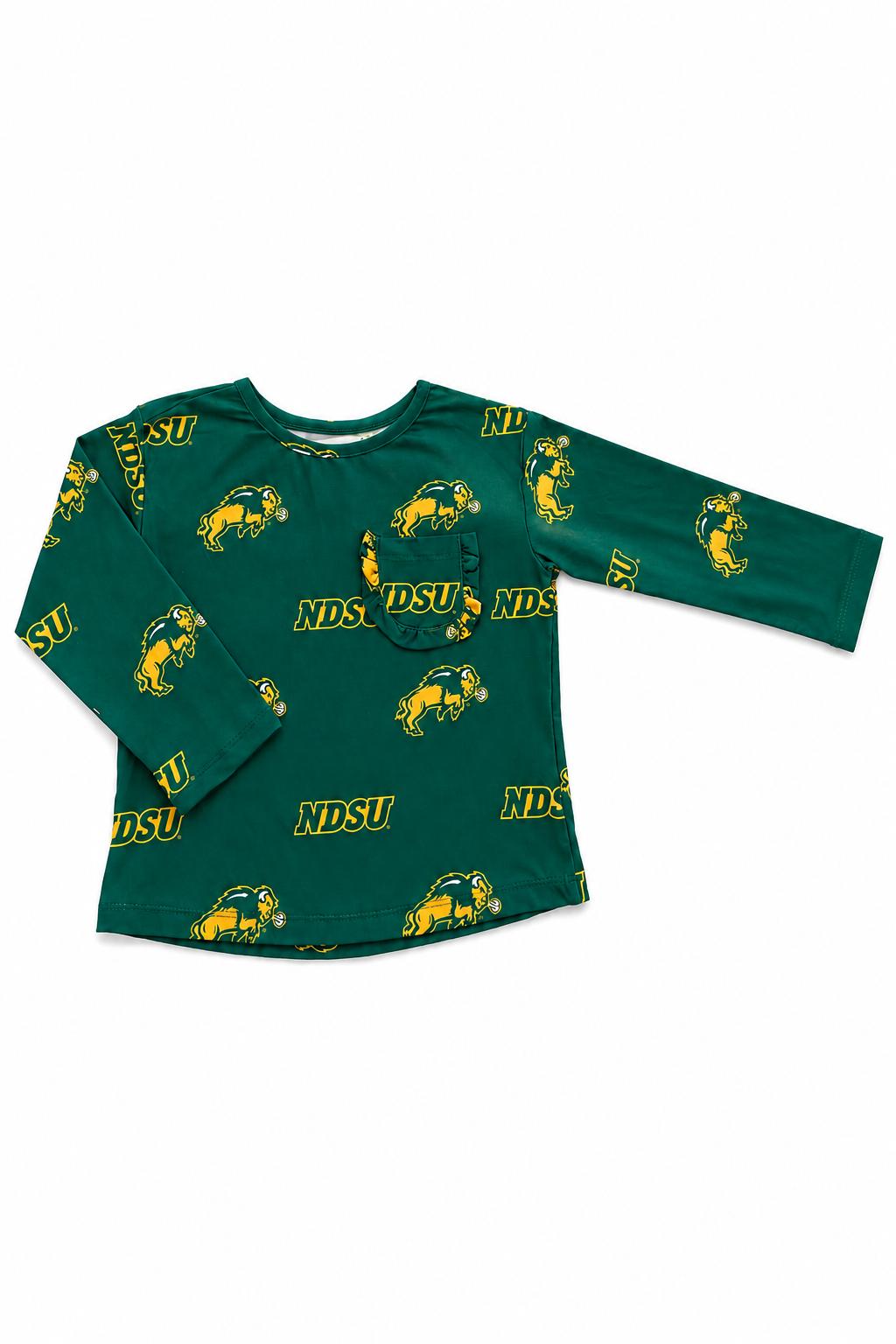 North Dakota State University Green Bison L/S Ruffle Pocket Tee-Mila & Rose ®
