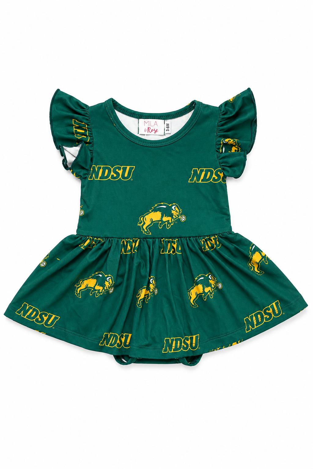 North Dakota State University Green Bison S/S Flutter Twirl Bodysuit-Mila & Rose ®
