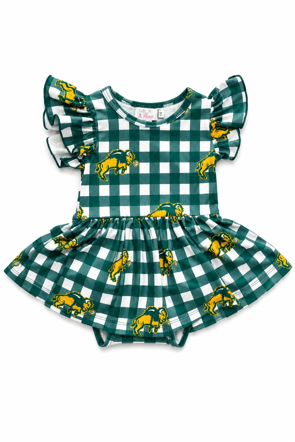 North Dakota State University Plaid Bison S/S Flutter Twirl Bodysuit-Mila & Rose ®