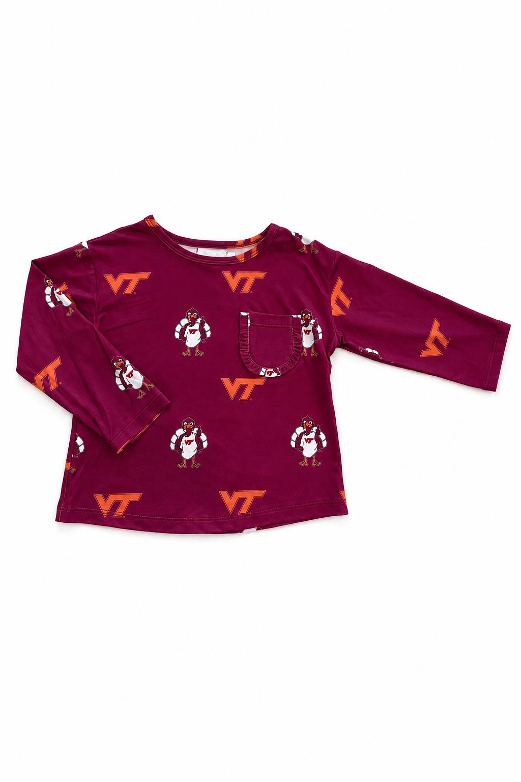Virginia Tech Maroon Hokie L/S Ruffle Pocket Tee-Mila & Rose ®