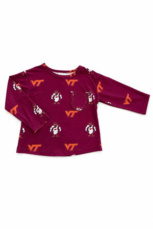 Virginia Tech Maroon Hokie L/S Ruffle Pocket Tee-Mila & Rose ®