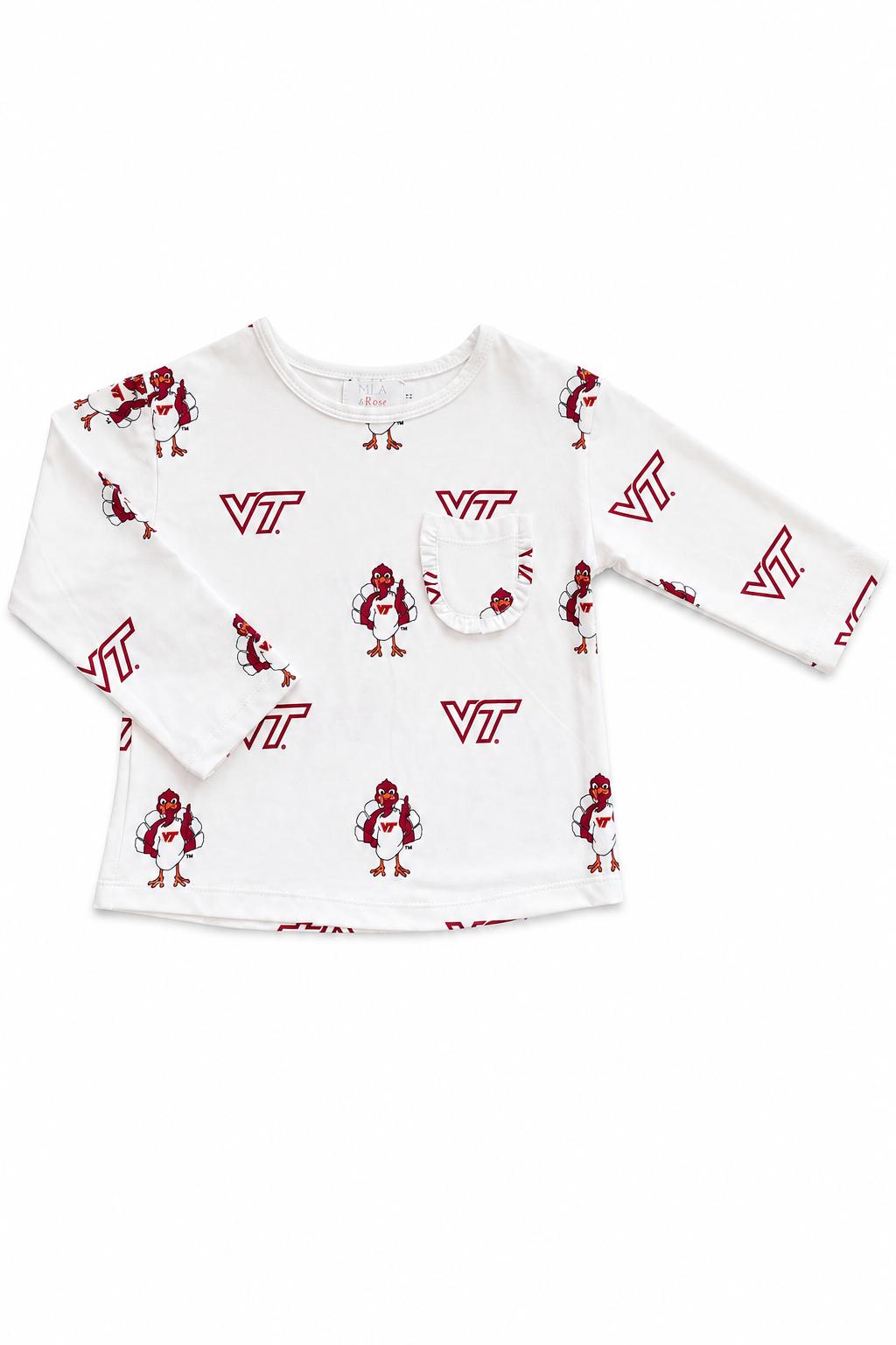 Virginia Tech White Hokie L/S Ruffle Pocket Tee-Mila & Rose ®