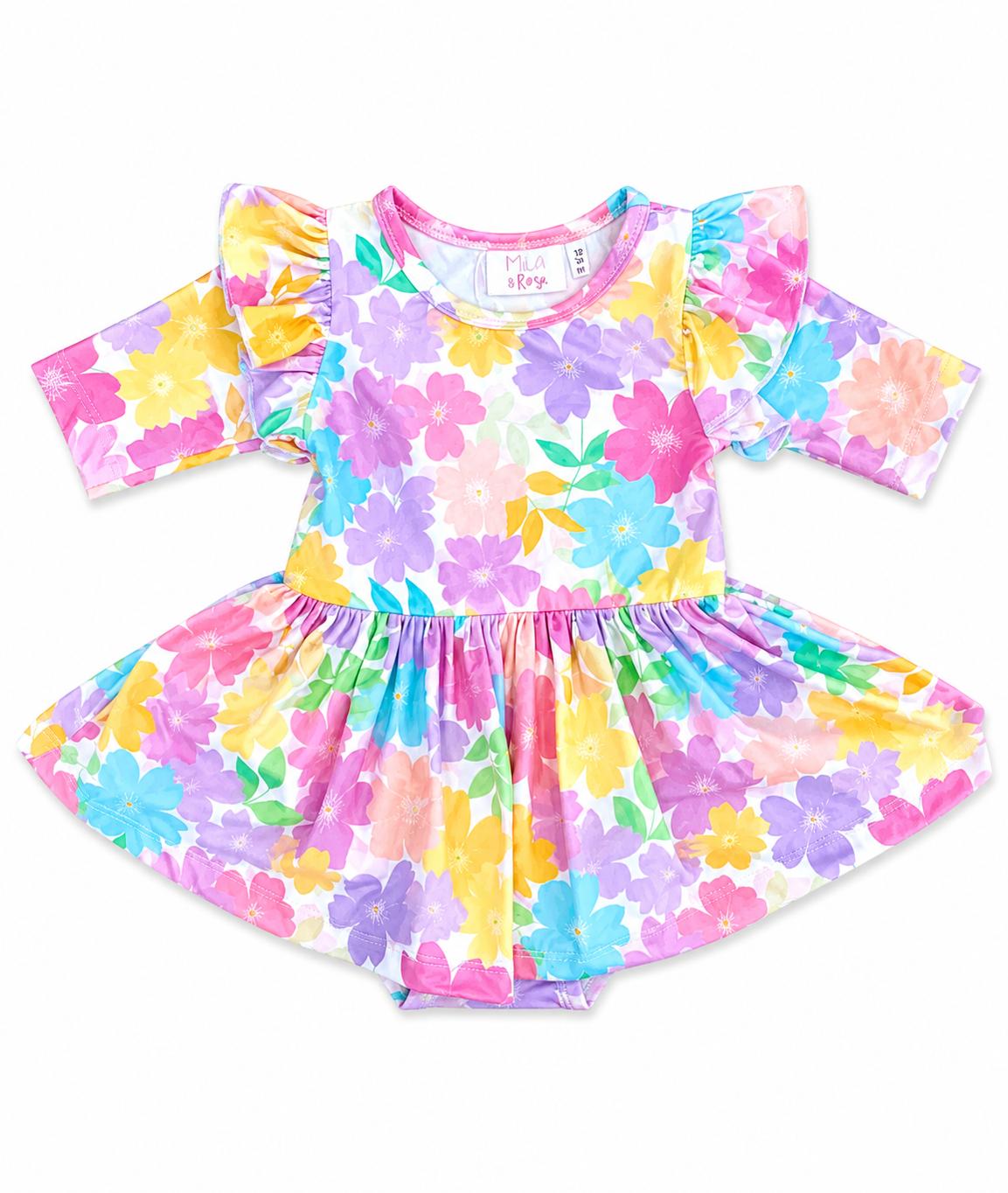 Colorful Carnations 3/4 Sleeve Flutter Twirl Bodysuit-Mila & Rose ®