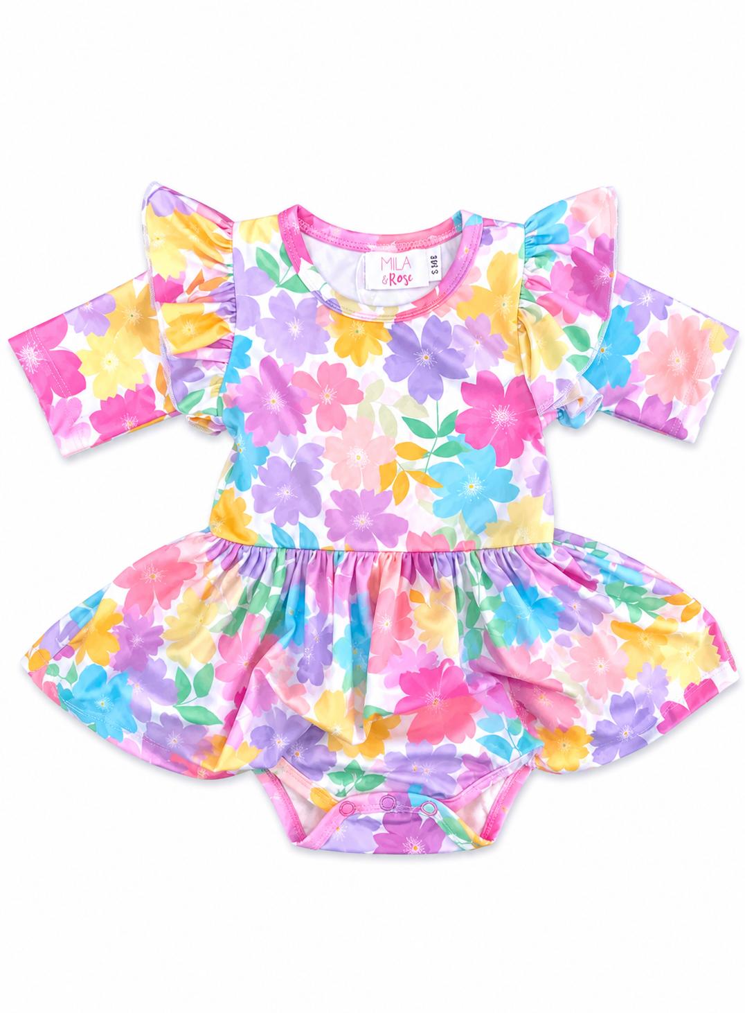 Colorful Carnations 3/4 Sleeve Flutter Twirl Bodysuit-Mila & Rose ®