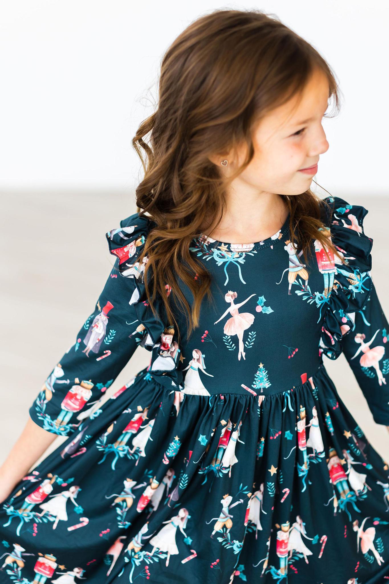 Christmas Ballet 3/4 Sleeve Ruffle Twirl Dress-Mila & Rose ®