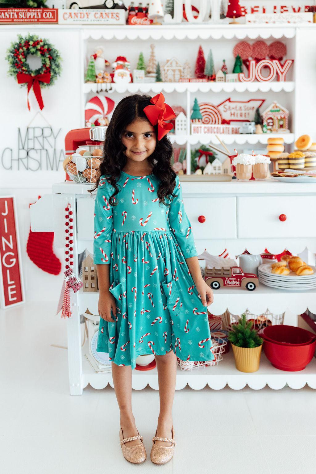 Girls' Christmas Candy 3/4 Sleeve Pocket Twirl Dress Size: 12-24M by Mila & Rose Girls' Christmas Candy 3/4 Sleeve Pocket Twirl Dress Size: 12-24M by Mila & Rose