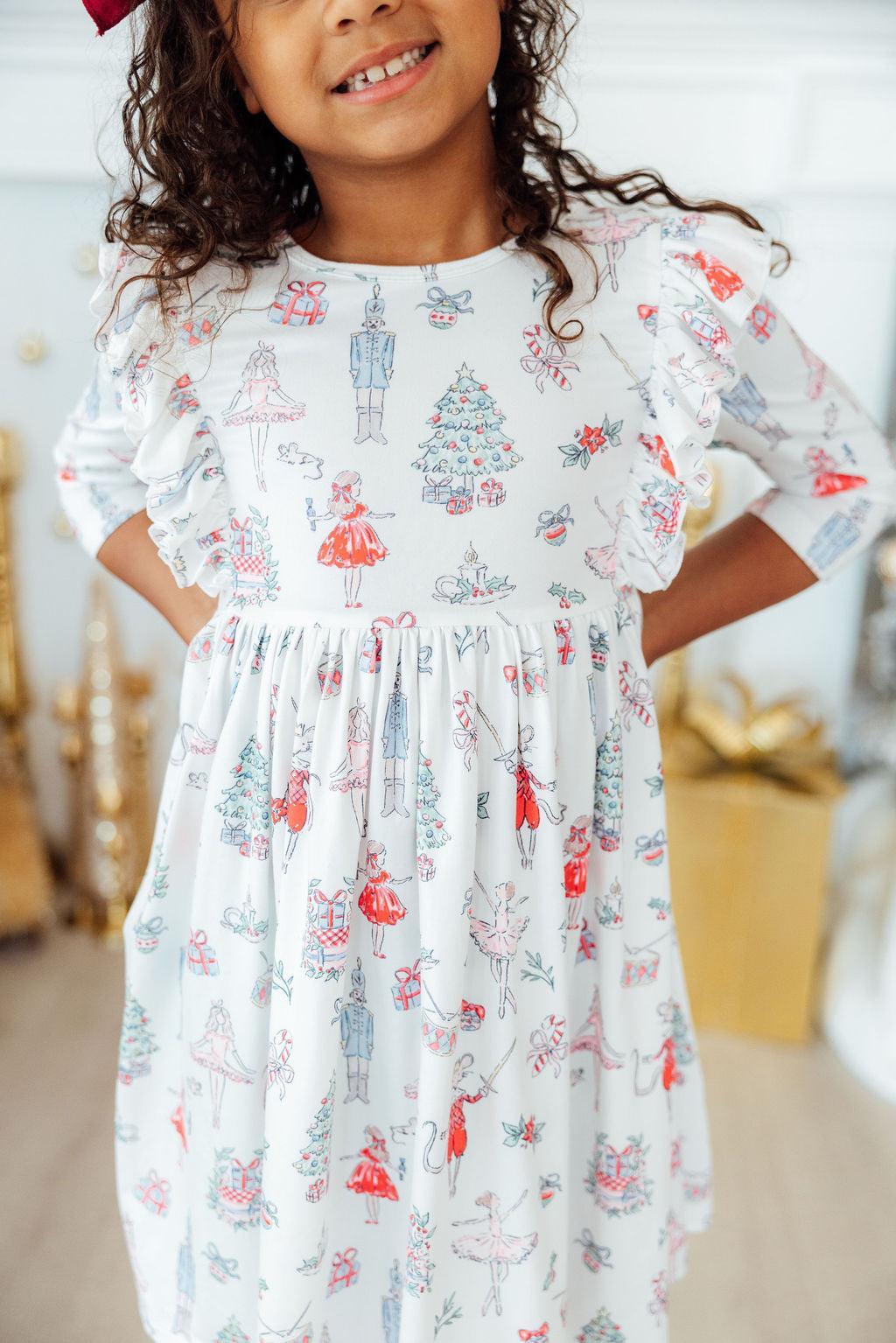 Clara's Christmas 3/4 Sleeve Ruffle Twirl Dress-Mila & Rose ®