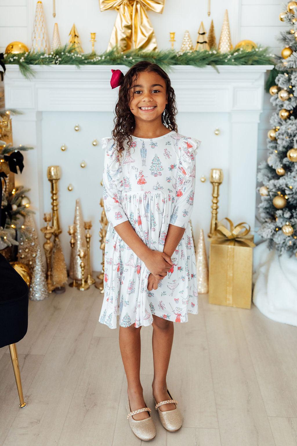 Clara's Christmas 3/4 Sleeve Ruffle Twirl Dress-Mila & Rose ®