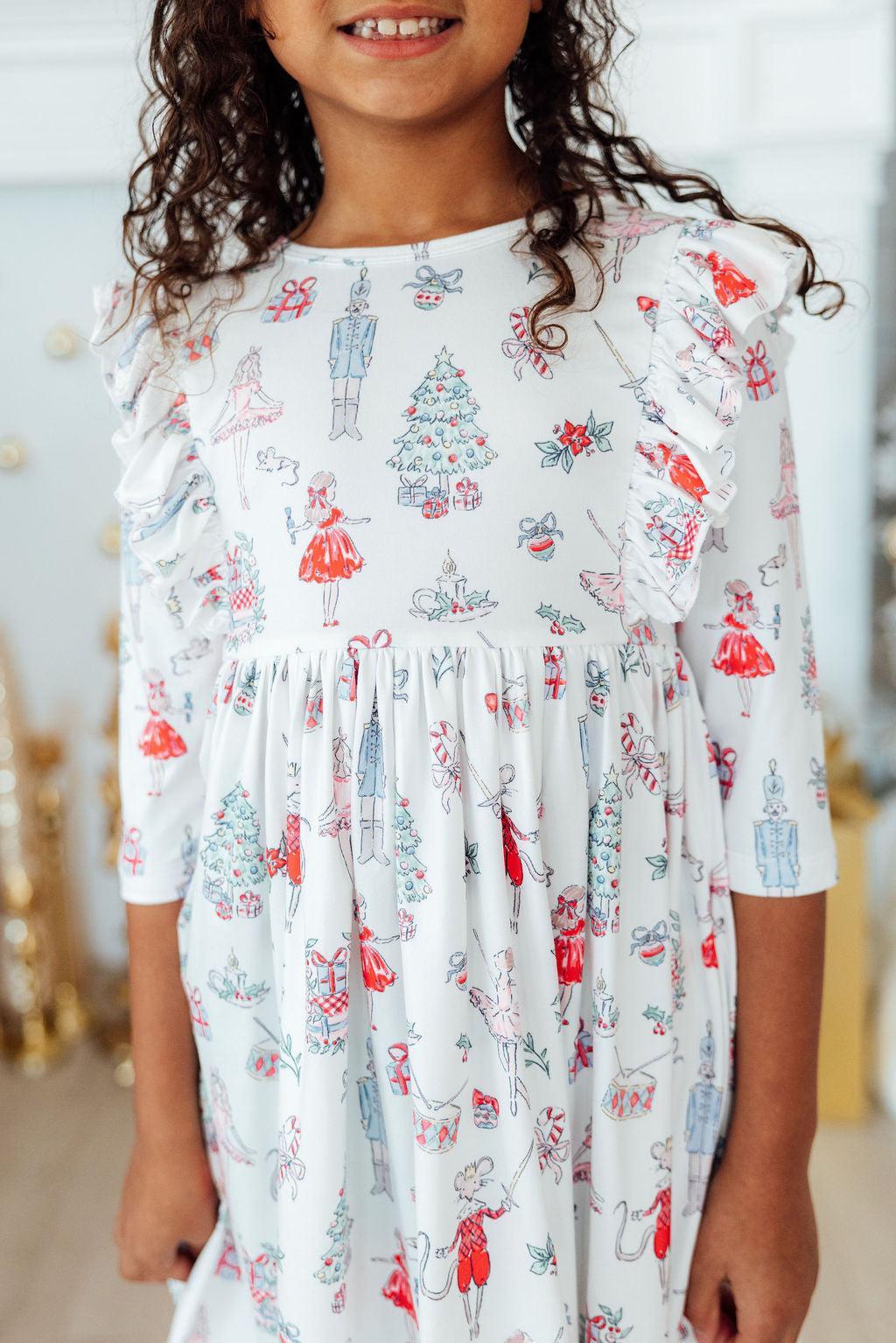 Clara's Christmas 3/4 Sleeve Ruffle Twirl Dress-Mila & Rose ®