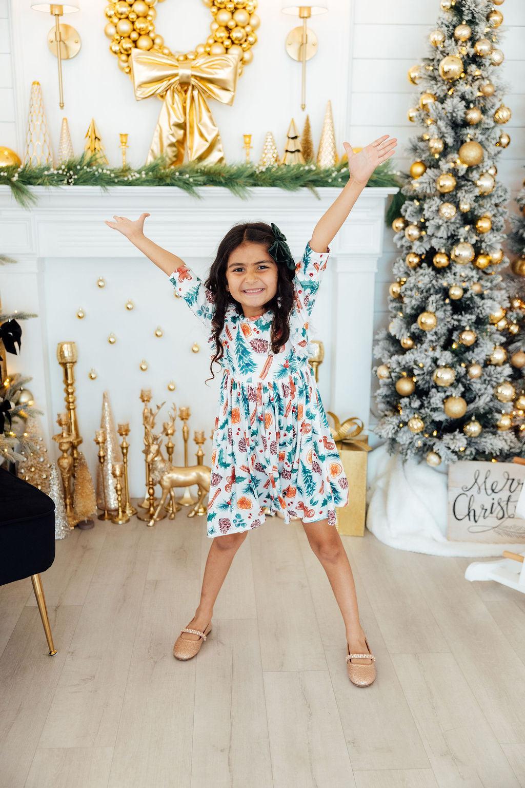 Classic Christmas 3/4 Sleeve Ruffle Twirl Dress | Mila & Rose Classic Christmas 3/4 Sleeve Ruffle Twirl Dress | Mila & Rose