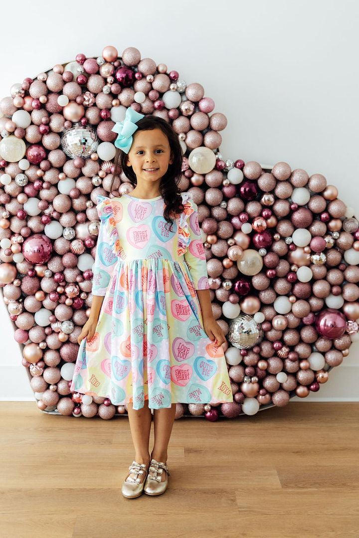 Conversation Hearts 3/4 Sleeve Ruffle Twirl Dress-Mila & Rose ®