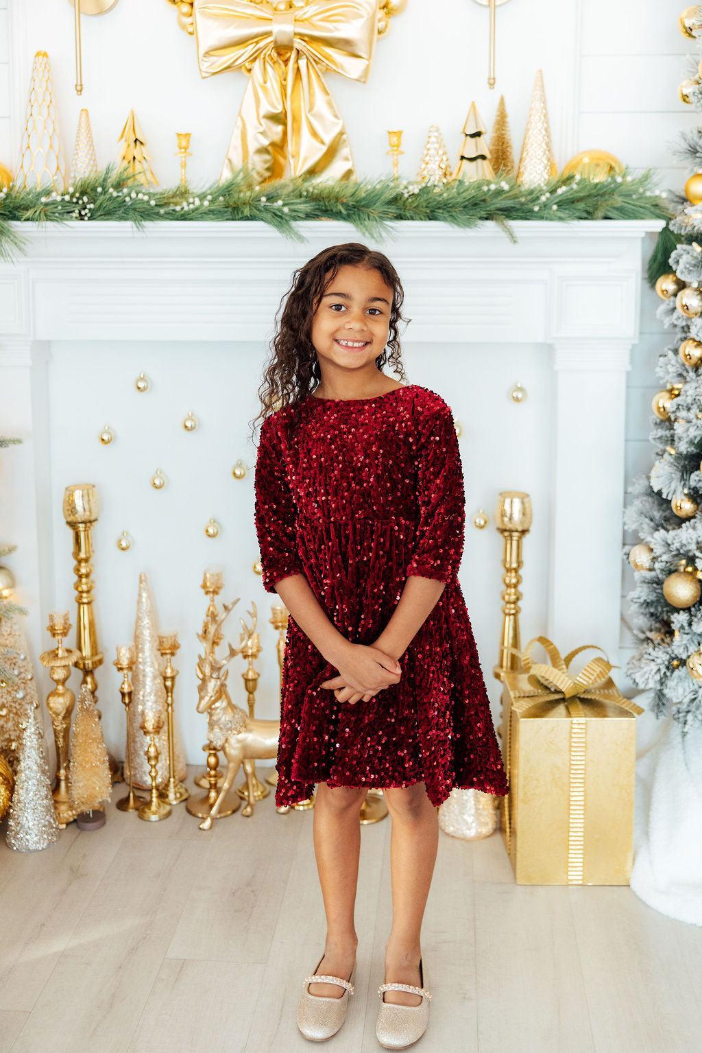 cranberry red dress Girls' Velvet Sequin Size: 4T Toddler By Mila & Rose Size:XXL/12-14 The center back slit Children's Holiday Dress One Shoulder Bridesmaid Dresses