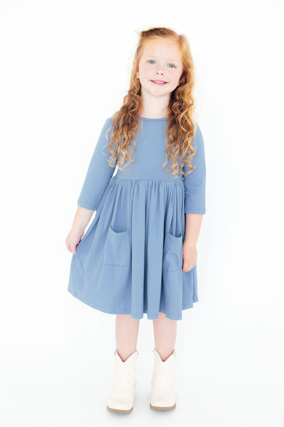 Dusty Blue 3/4 Sleeve Pocket Twirl Dress-Mila & Rose ®