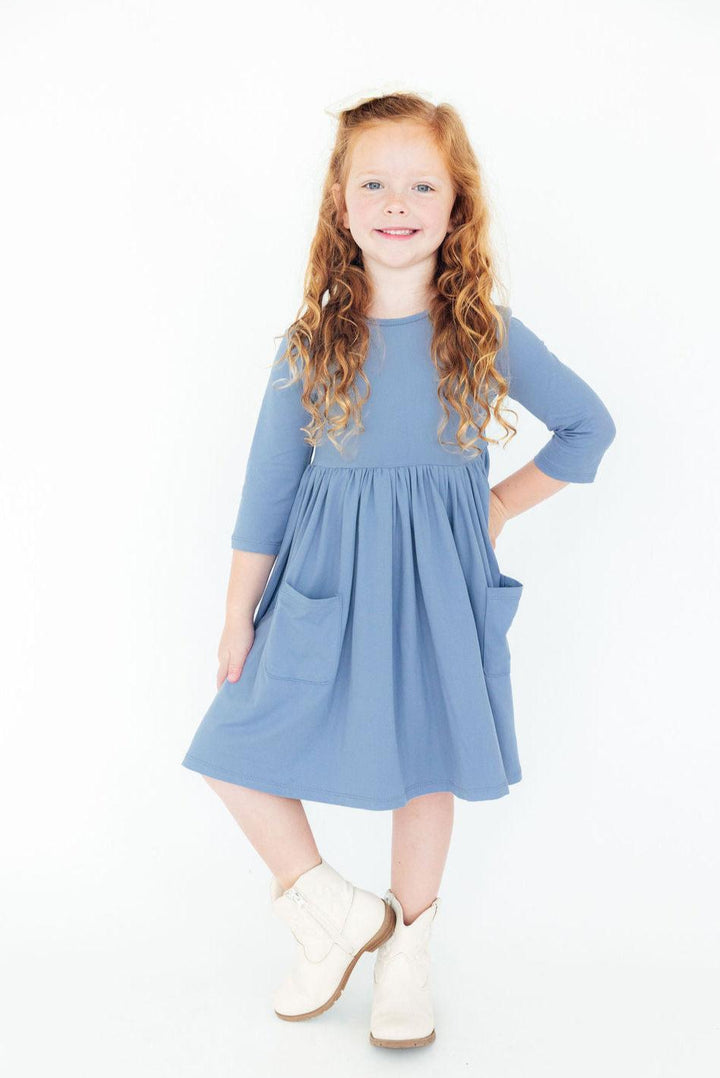 Dusty Blue 3/4 Sleeve Pocket Twirl Dress-Mila & Rose ®