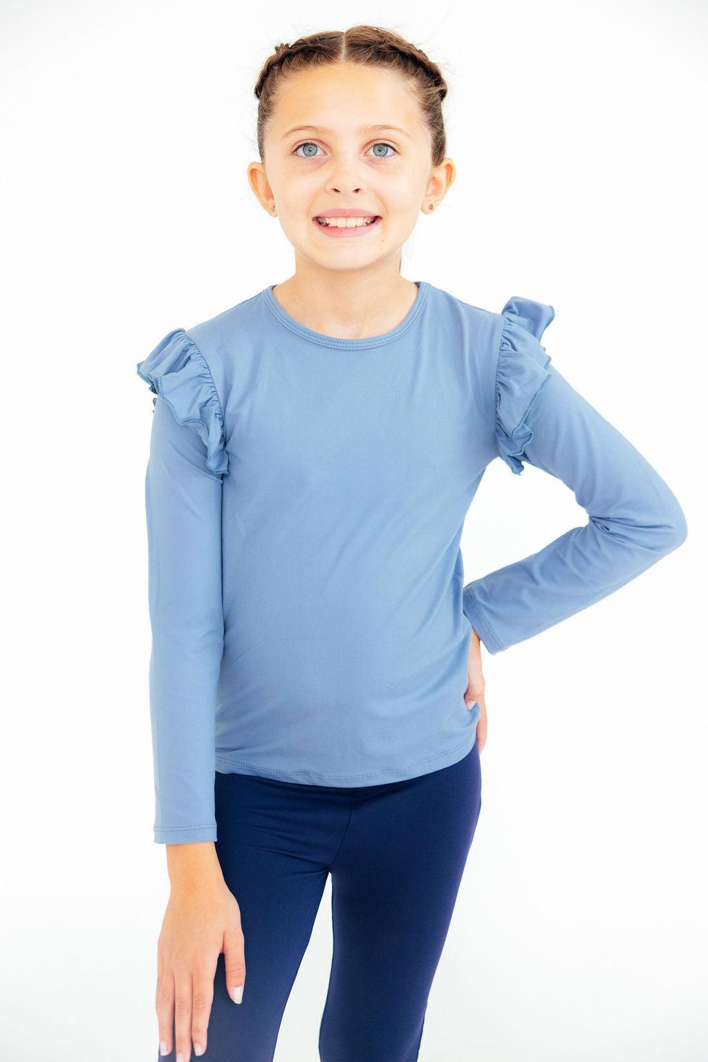 Dusty Blue L/S Ruffle Tee-Mila & Rose ®