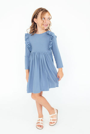 Dusty Blue L/S Ruffle Twirl Dress-Mila & Rose ®