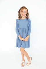 Dusty Blue L/S Ruffle Twirl Dress-Mila & Rose ®