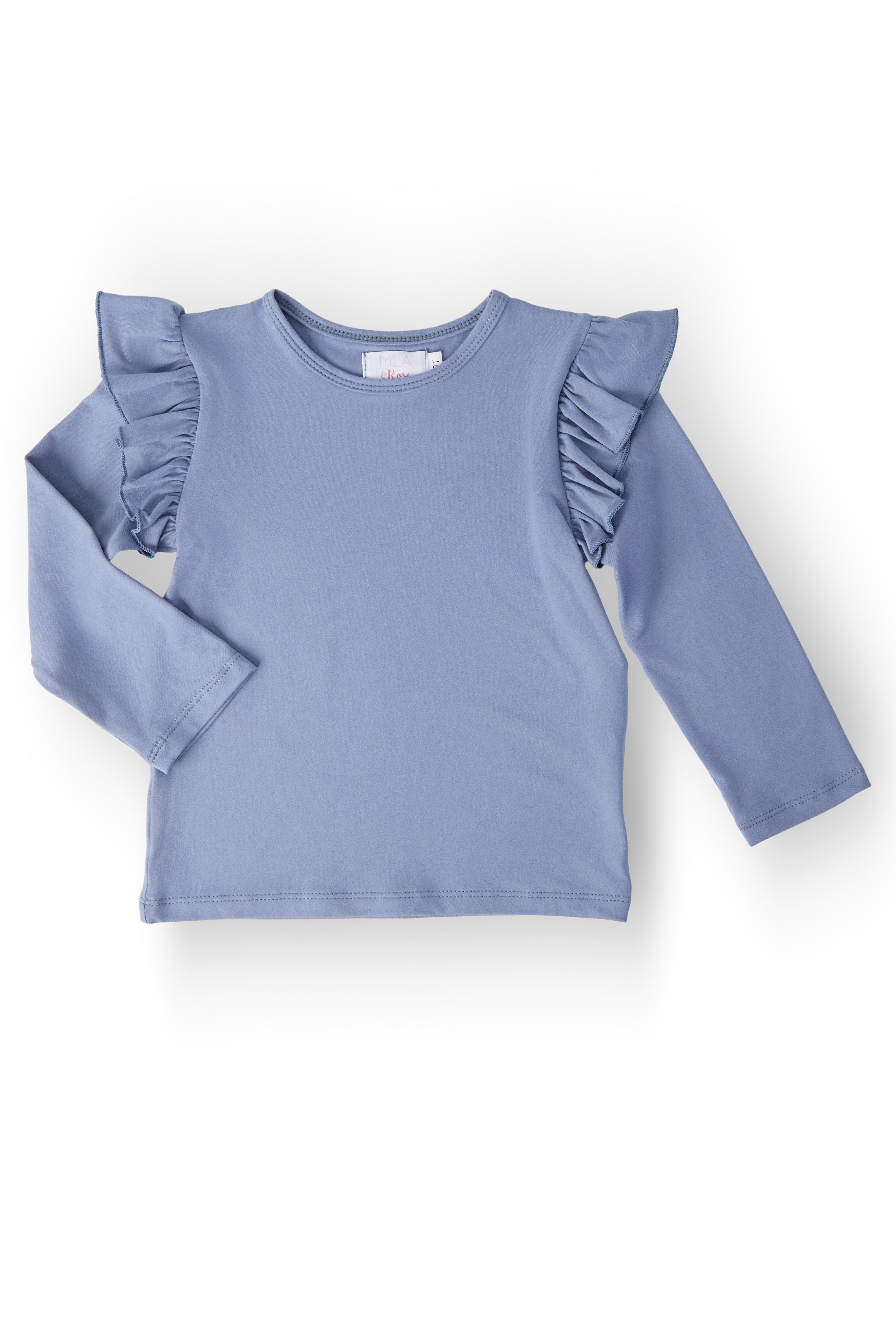Dusty Blue L/S Ruffle Tee-Mila & Rose ®