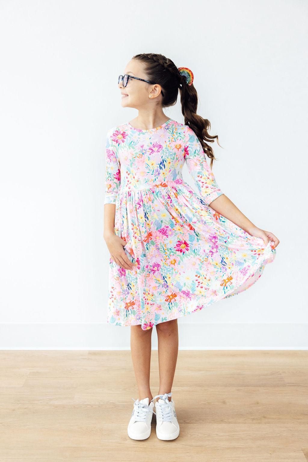 Field of Flowers 3/4 Sleeve Pocket Twirl Dress-Mila & Rose ®