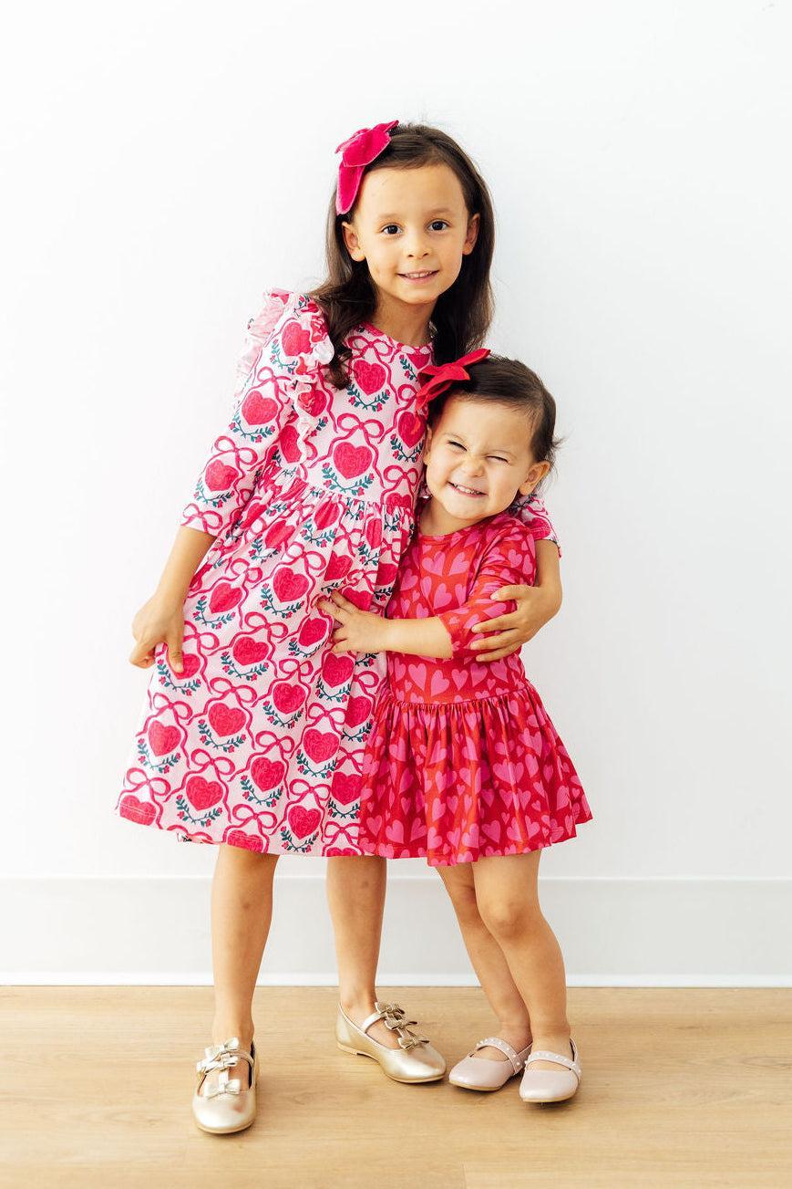 Fluttering Hearts 3/4 Sleeve Ruffle Twirl Dress-Mila & Rose ®