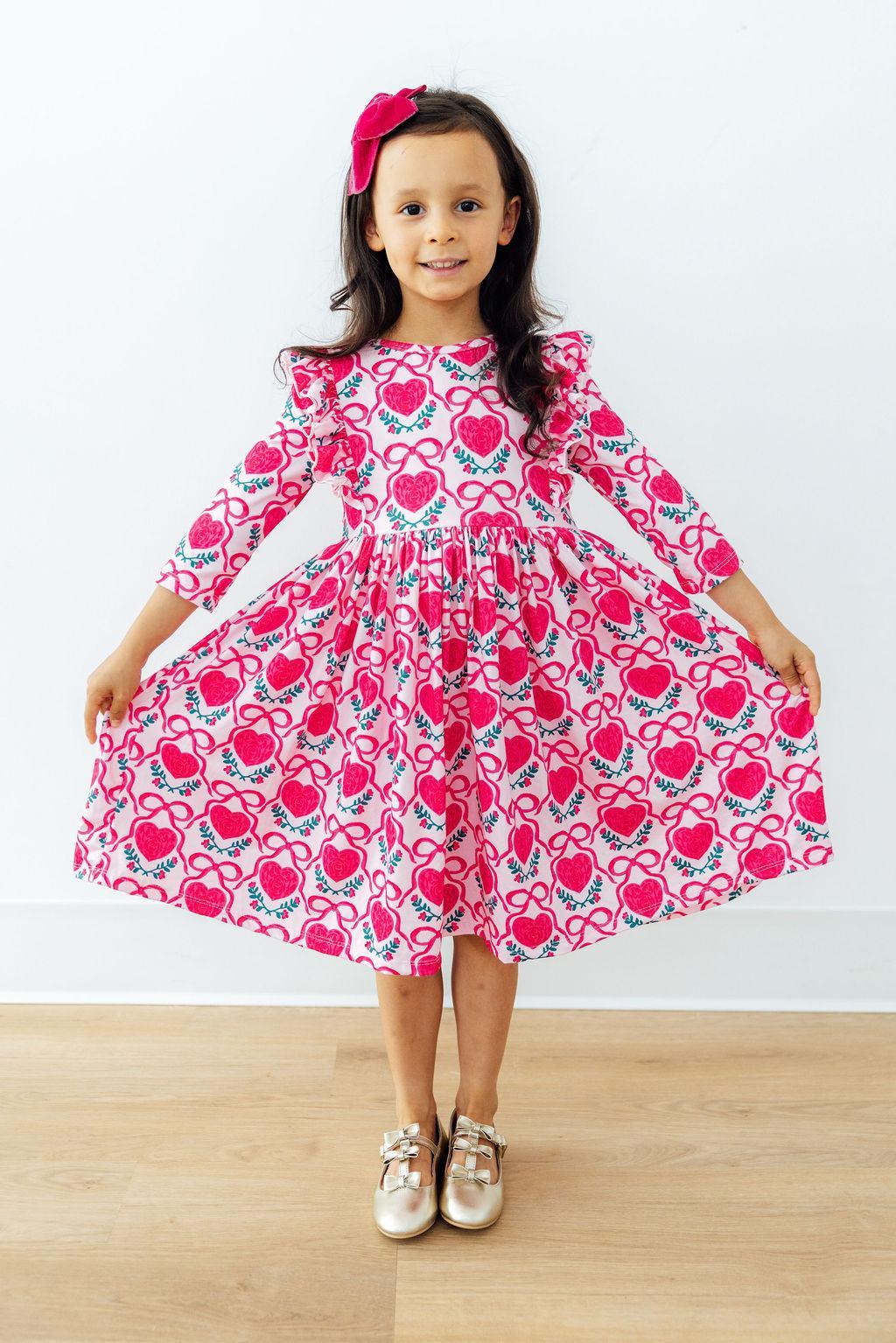 Fluttering Hearts 3/4 Sleeve Ruffle Twirl Dress-Mila & Rose ®