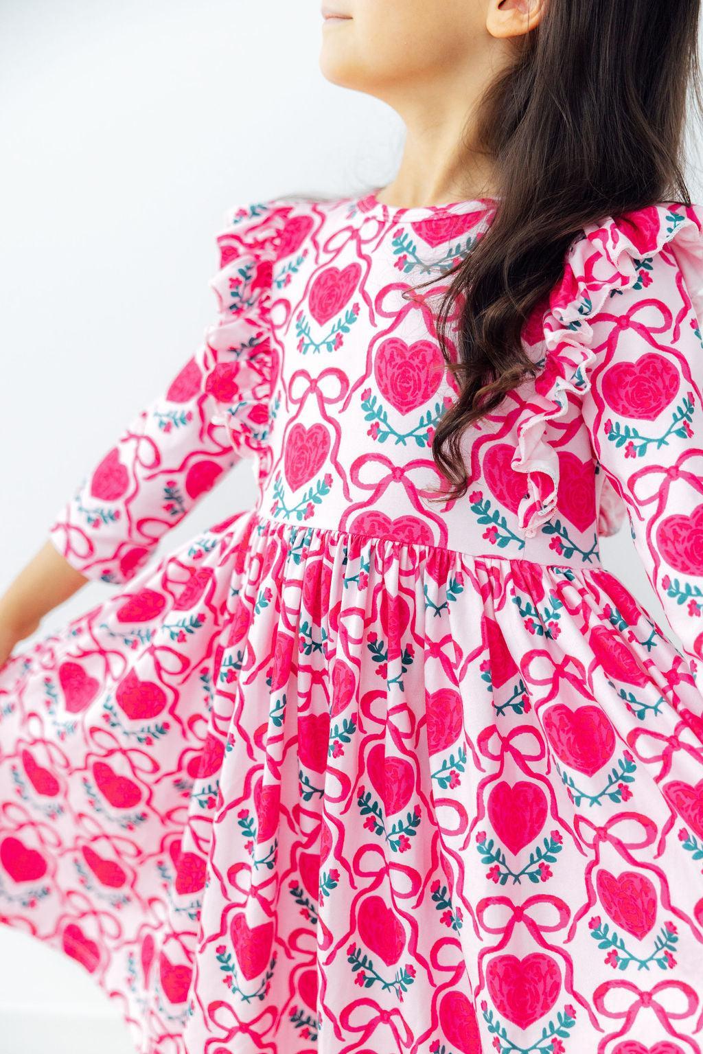 Fluttering Hearts 3/4 Sleeve Ruffle Twirl Dress-Mila & Rose ®