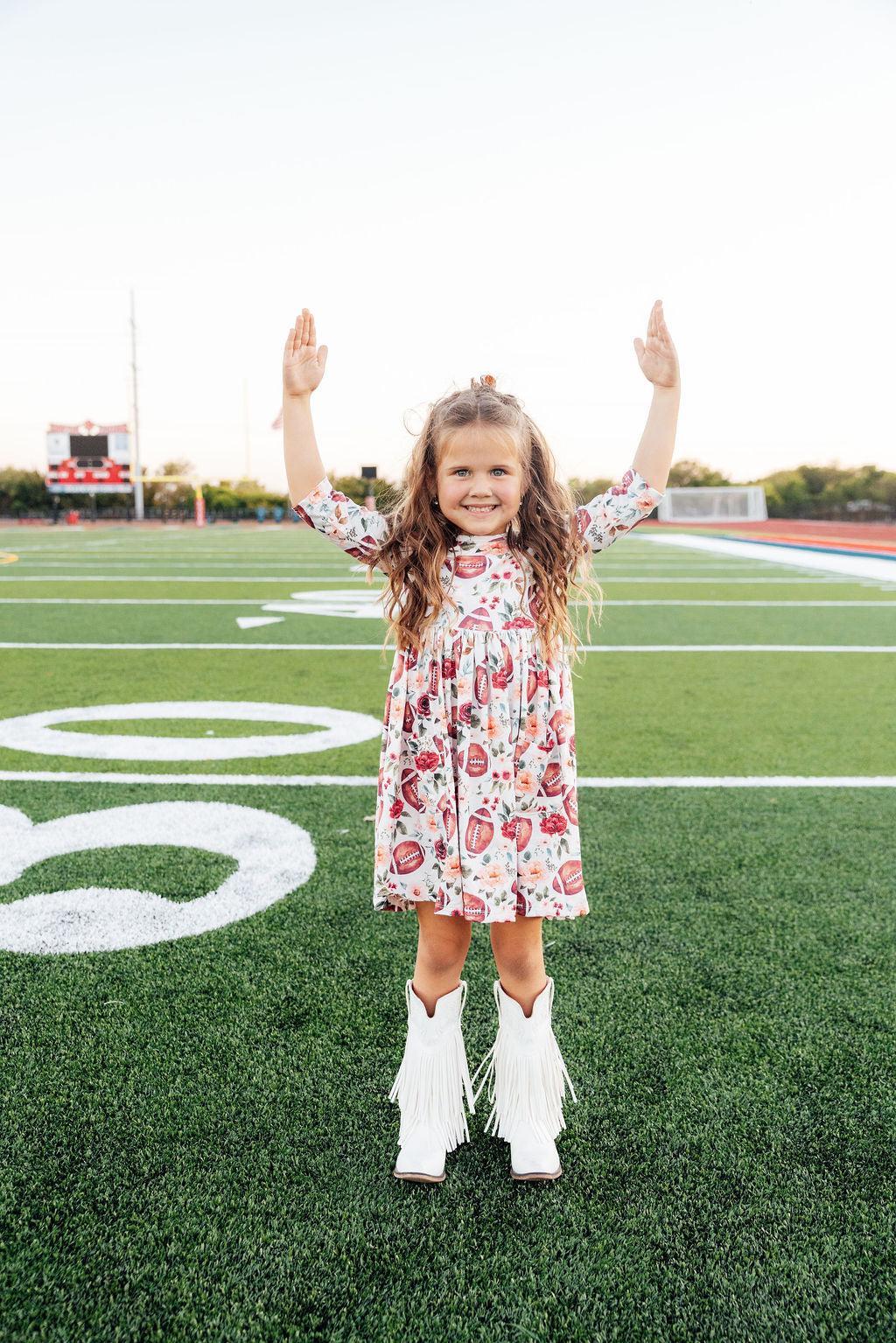 Footballs & Flowers 3/4 Sleeve Pocket Twirl Dress-Mila & Rose ®