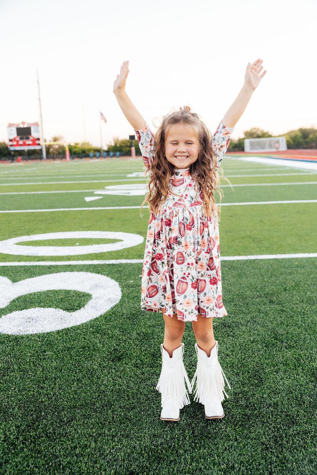 Footballs & Flowers 3/4 Sleeve Pocket Twirl Dress-Mila & Rose ®