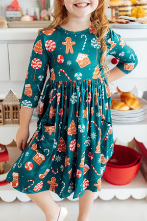 Gingerbread House 3/4 Sleeve Pocket Twirl Dress-Mila & Rose ®