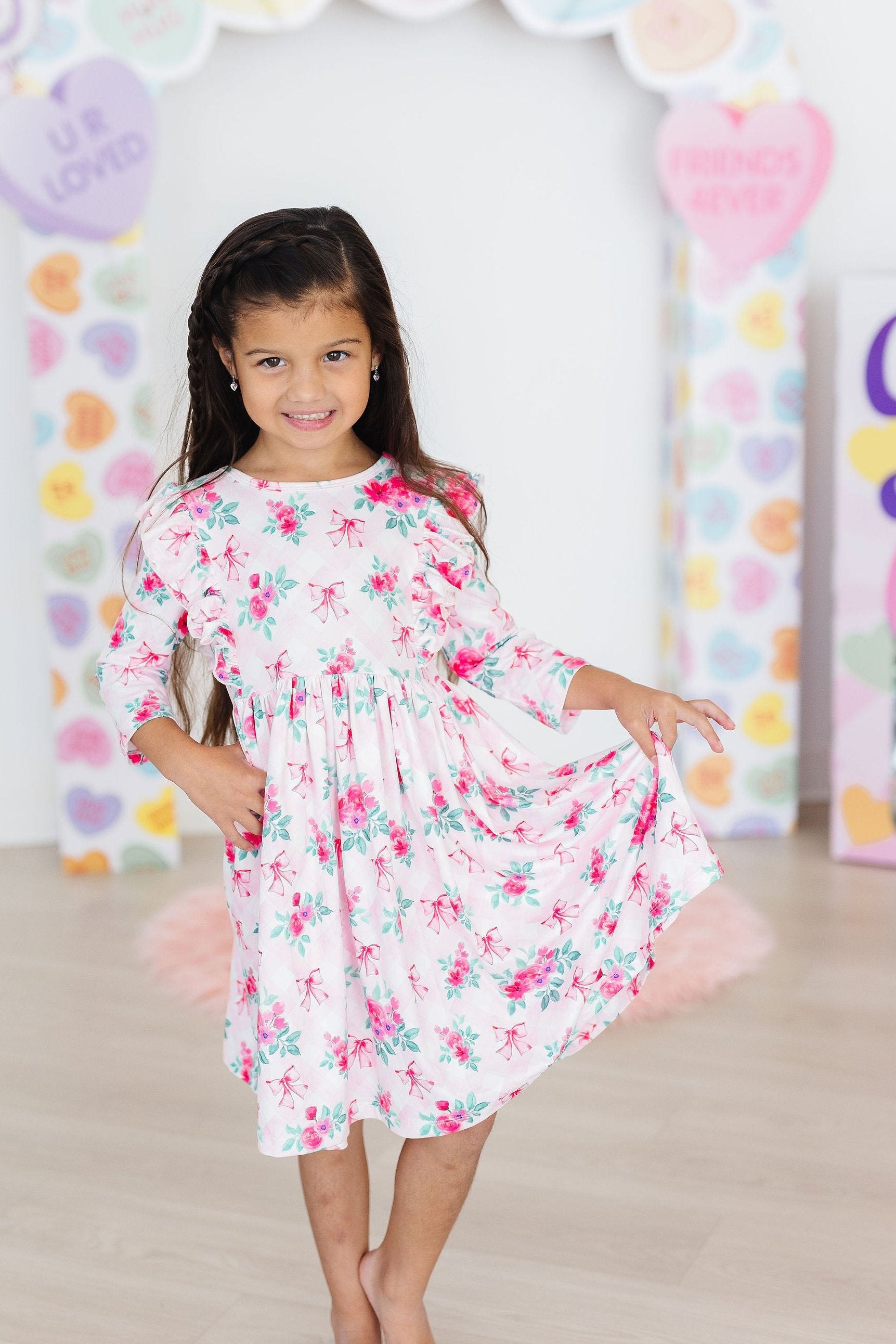 Girls' Gingham Bows 3/4 Sleeve Ruffle Twirl Dress Size: 6-12M by Mila & Rose