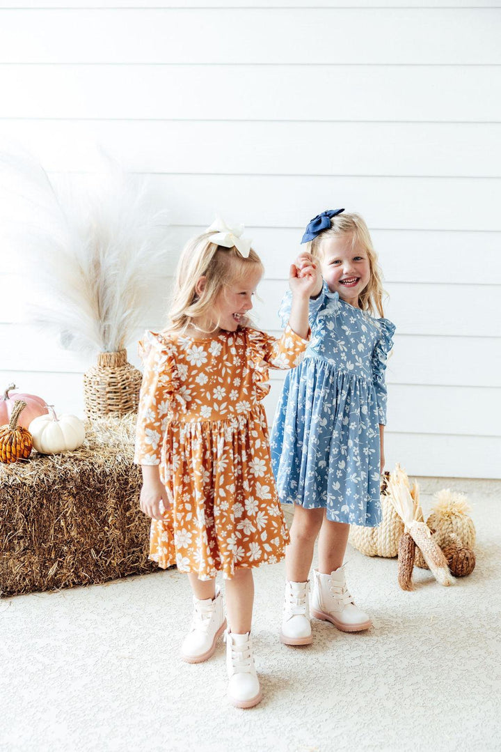 Golden Blooms 3/4 Sleeve Ruffle Twirl Dress-Mila & Rose ®