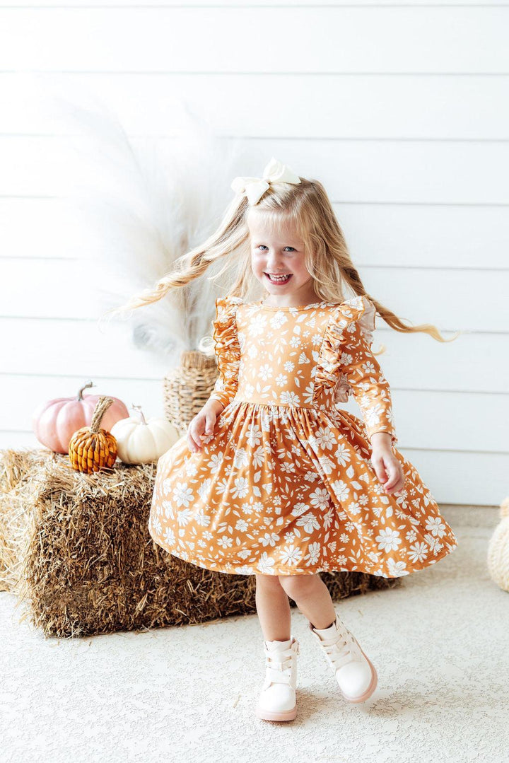 Golden Blooms 3/4 Sleeve Ruffle Twirl Dress-Mila & Rose ®