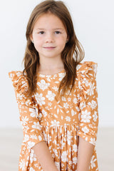 Golden Blooms 3/4 Sleeve Ruffle Twirl Dress-Mila & Rose ®