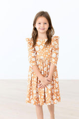 Golden Blooms 3/4 Sleeve Ruffle Twirl Dress-Mila & Rose ®