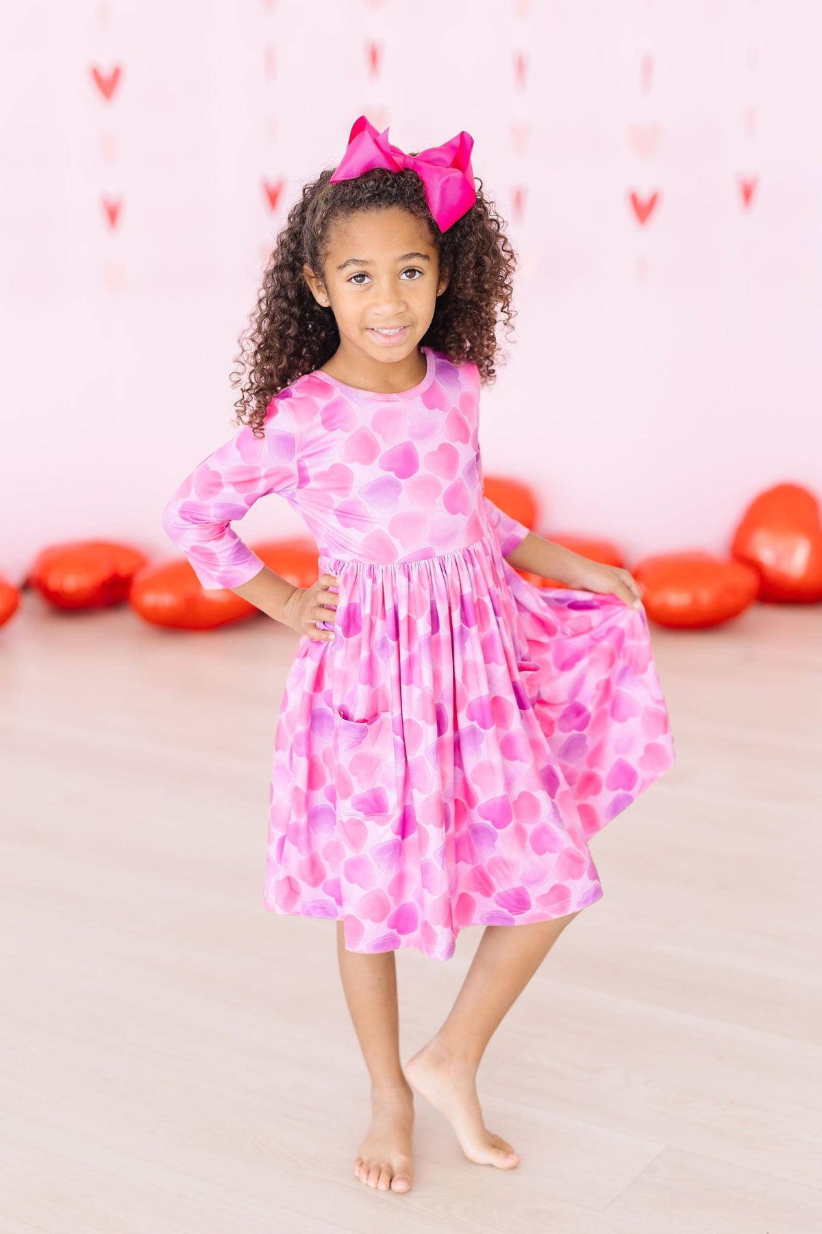 Happy Heart Day 3/4 Sleeve Pocket Twirl Dress 4T