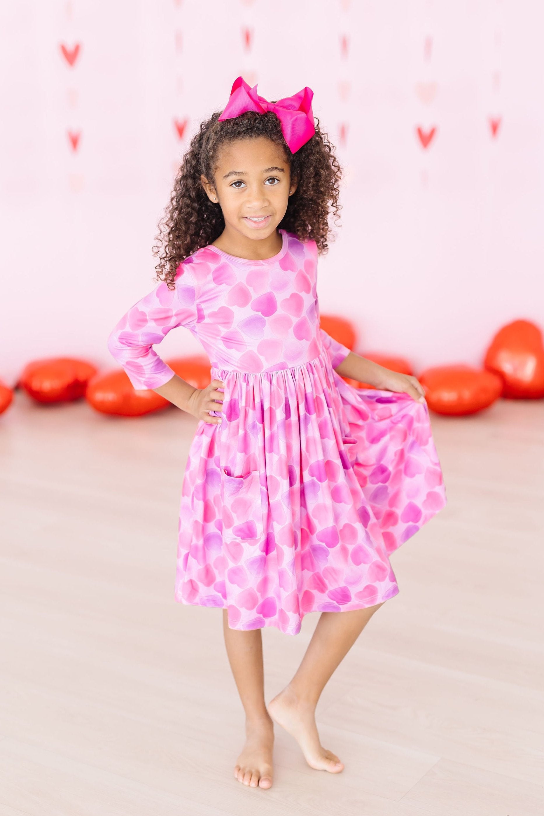 Girls' Happy Heart Day 3/4 Sleeve Pocket Twirl Dress Size: 4T Toddler By Mila & Rose