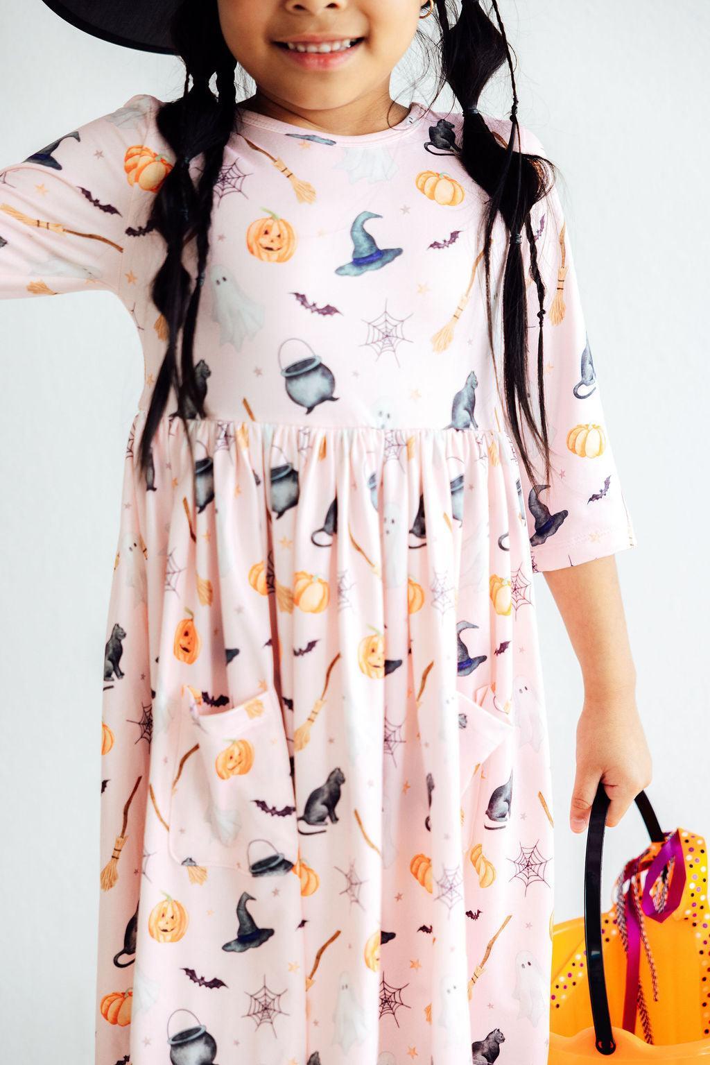(L) Hey Boo 3/4 Sleeve Pocket Twirl Dress-Mila & Rose ®