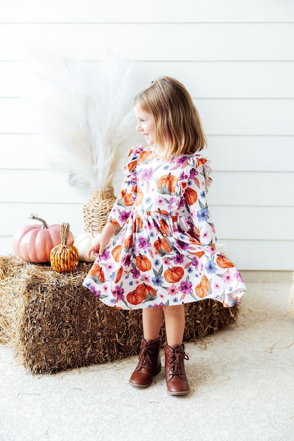 Hey Pumpkin 3/4 Sleeve Ruffle Twirl Dress-Mila & Rose ®