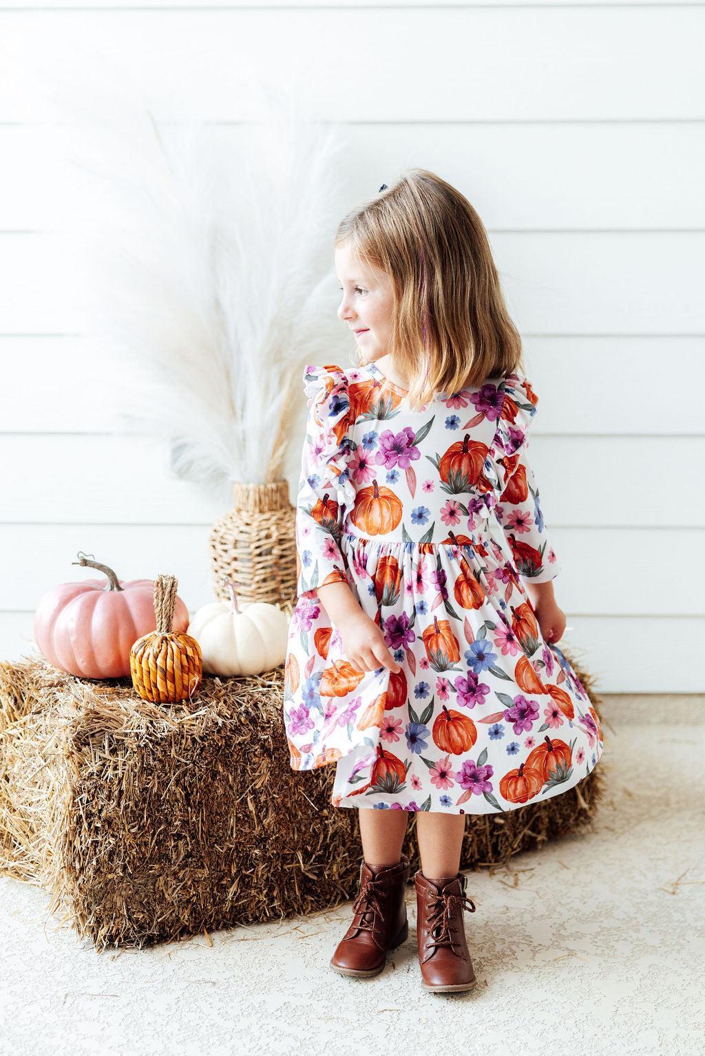 Hey Pumpkin 3/4 Sleeve Ruffle Twirl Dress-Mila & Rose ®