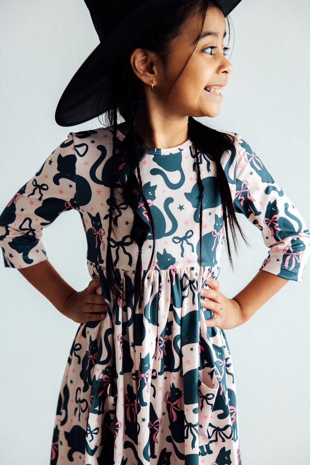 (V) Hocus Purr-cus L/S Sleeve Pocket Twirl Dress-Mila & Rose ®