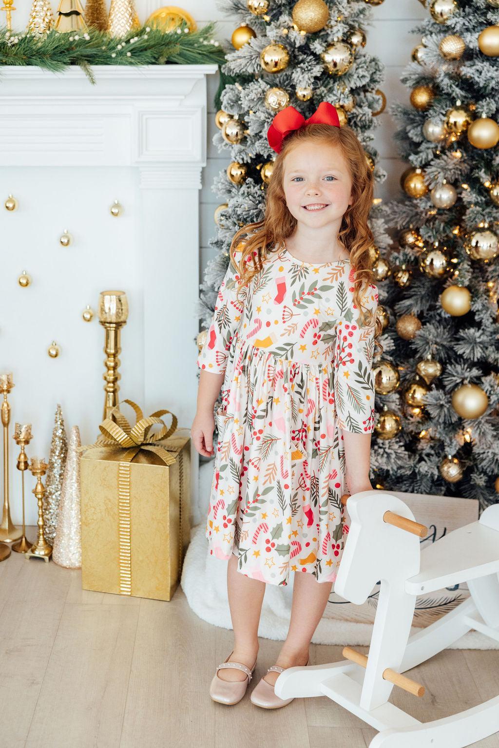 Girls' Holly Jolly Christmas 3/4 Sleeve Pocket Twirl Dress Size: 4T Toddler by Mila & Rose Girls' Holly Jolly Christmas 3/4 Sleeve Pocket Twirl Dress Size: 4T Toddler by Mila & Rose